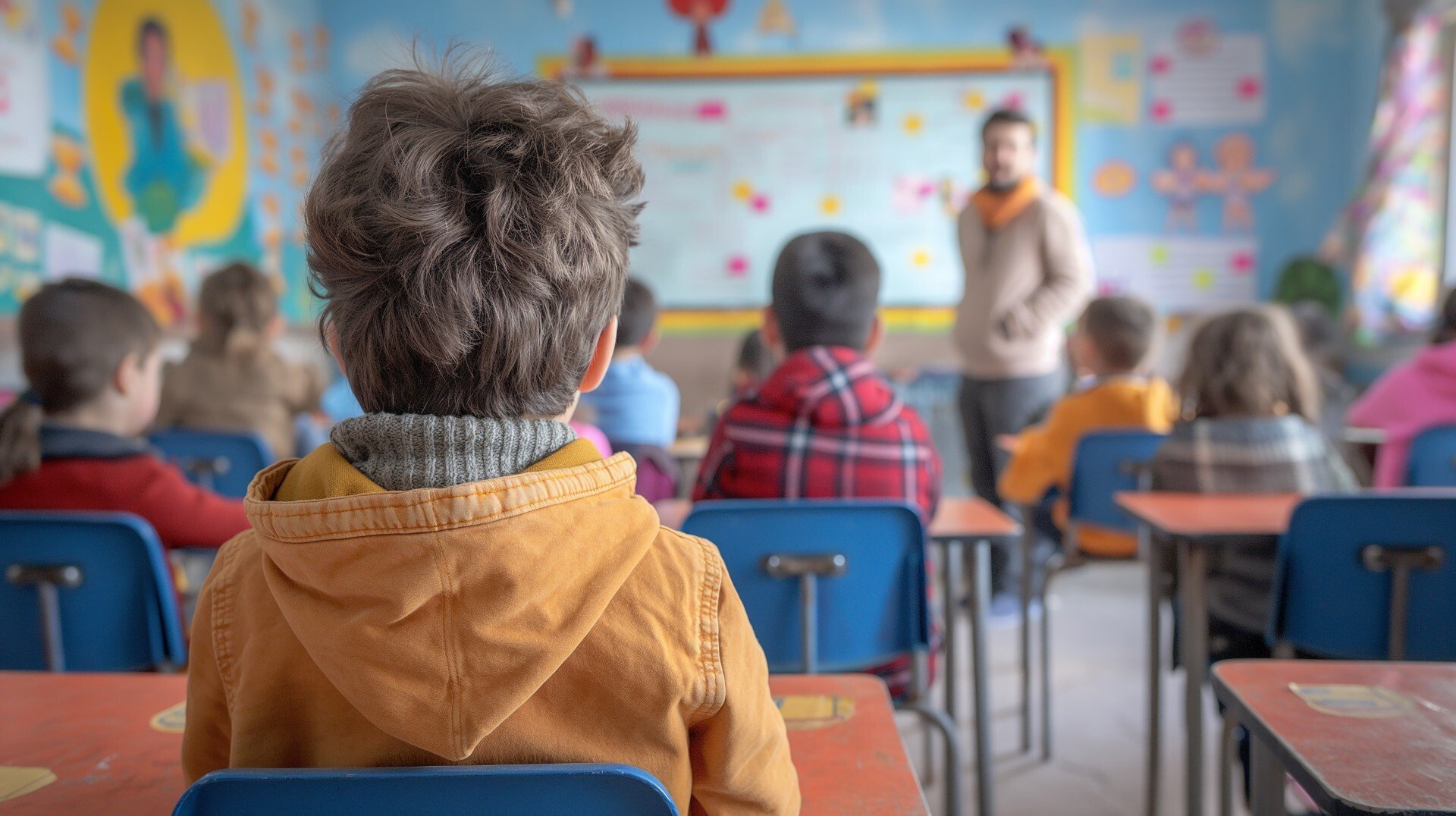 A view from the back of a classroom young students, focusing on a boy in a yellow jacket