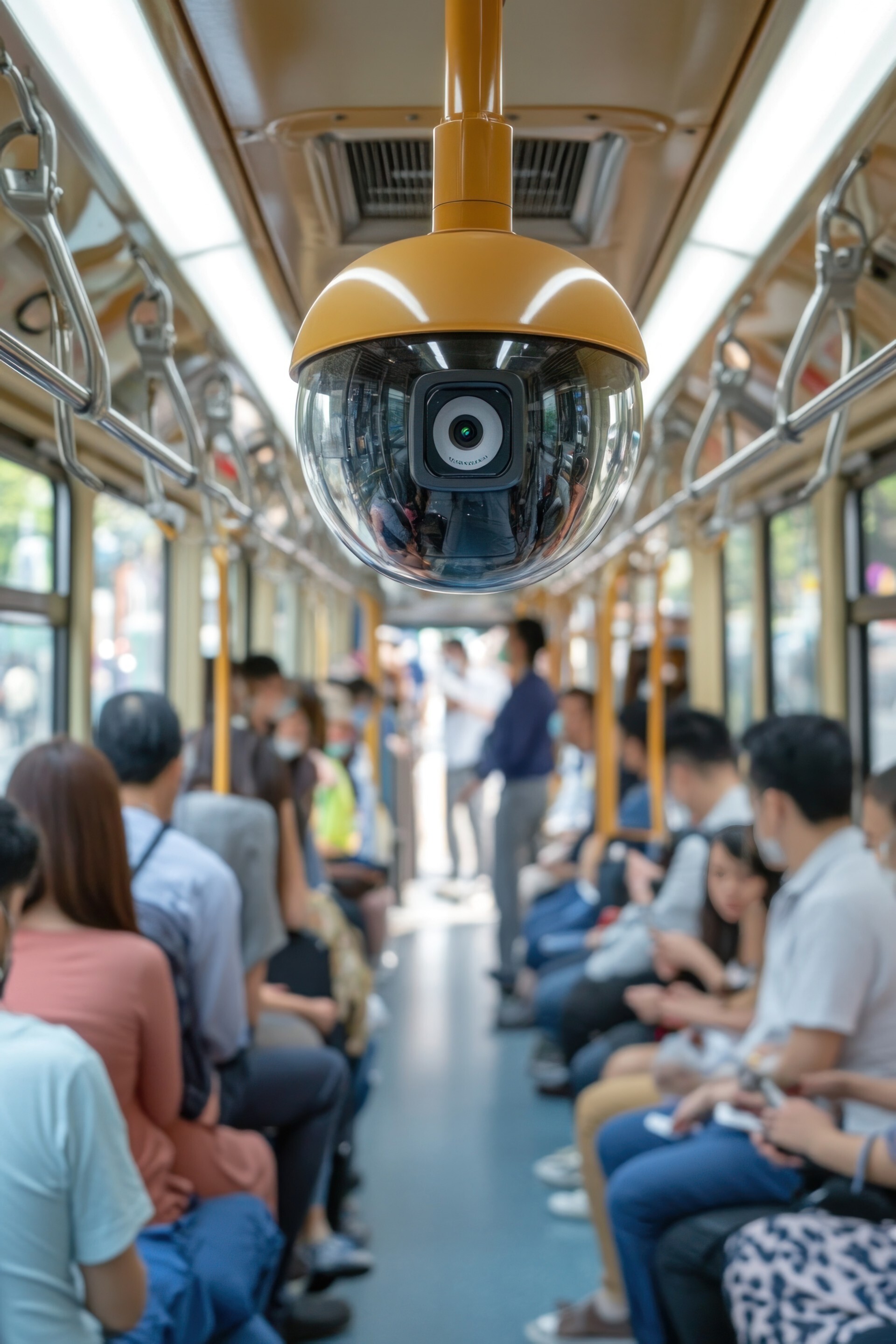 A shot of the inside of a bus full of people with the focus on the security camera installed on the roof